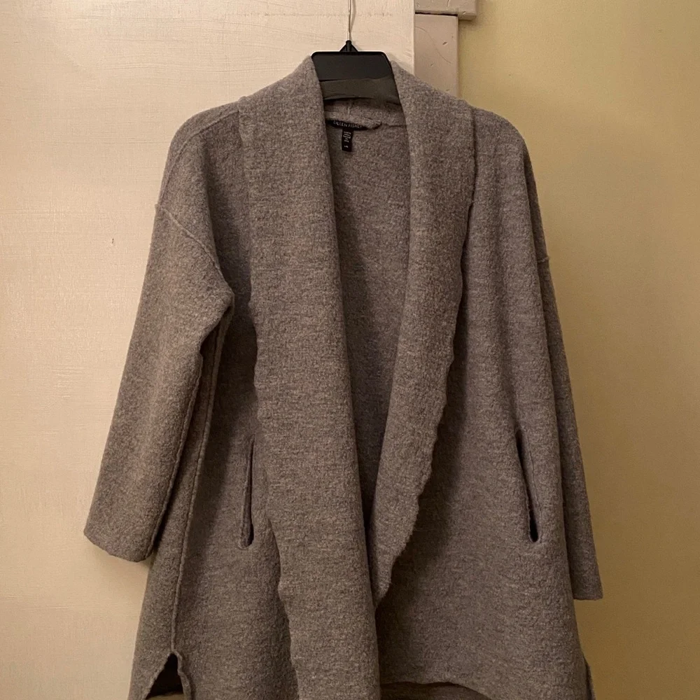 Eileen Fisher 💯 Wool Beautiful Wrap Sweater Jacket Pockets Used Condition - Picture 1 of 14